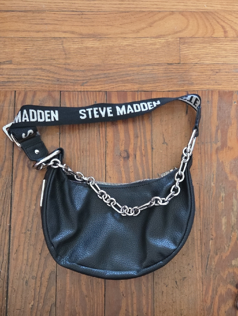 Steve Madden Black Pebbled Leather Shoulder Bag with Logo Strap